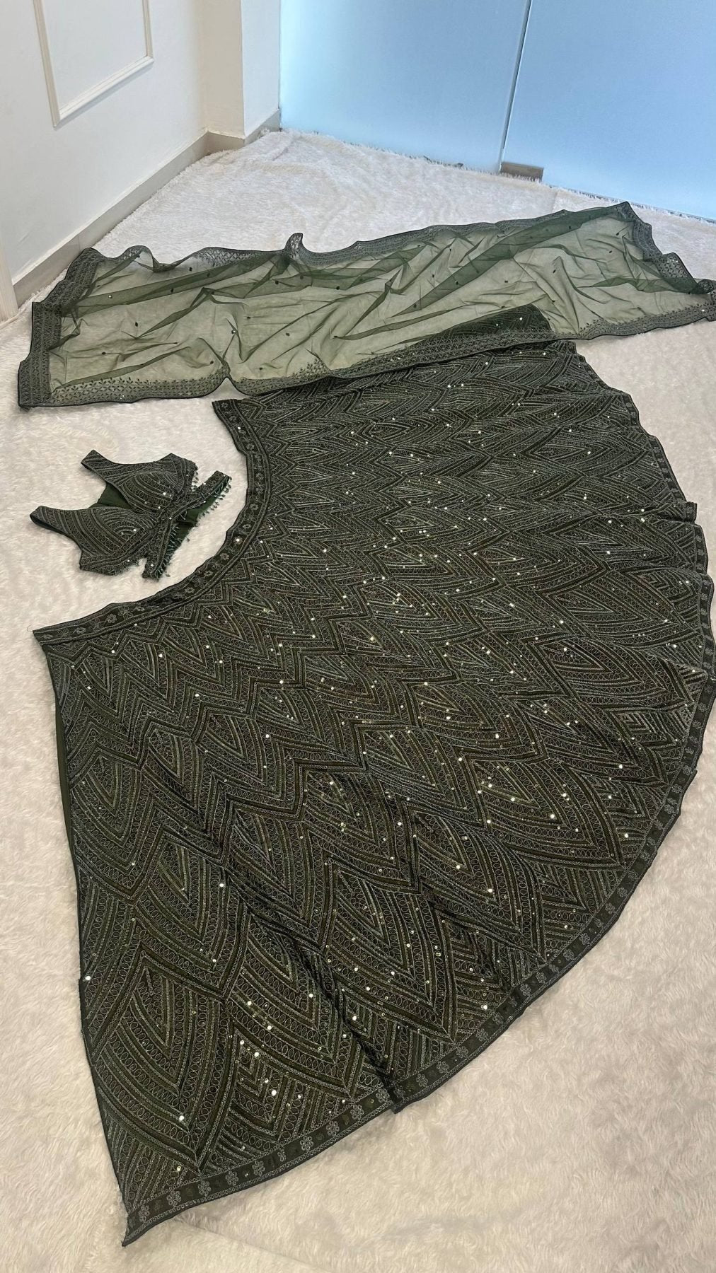 Olive Chinon Silk Lehenga with Sequins Work for Wedding Wear embroidery close-up