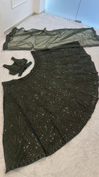 Olive Chinon Silk Lehenga with Sequins Work for Wedding Wear fabric texture detail
