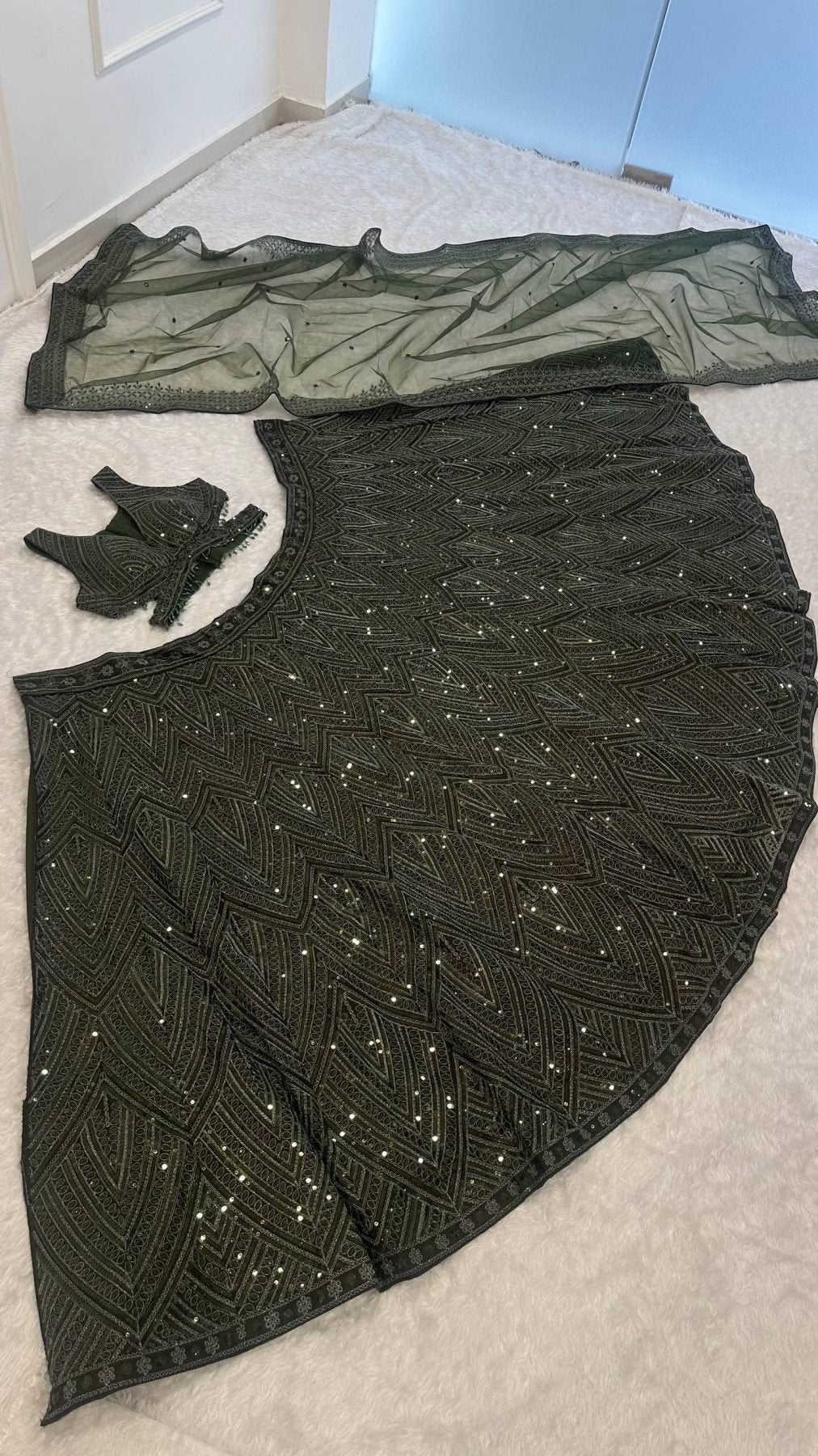 Olive Chinon Silk Lehenga with Sequins Work for Wedding Wear fabric texture detail