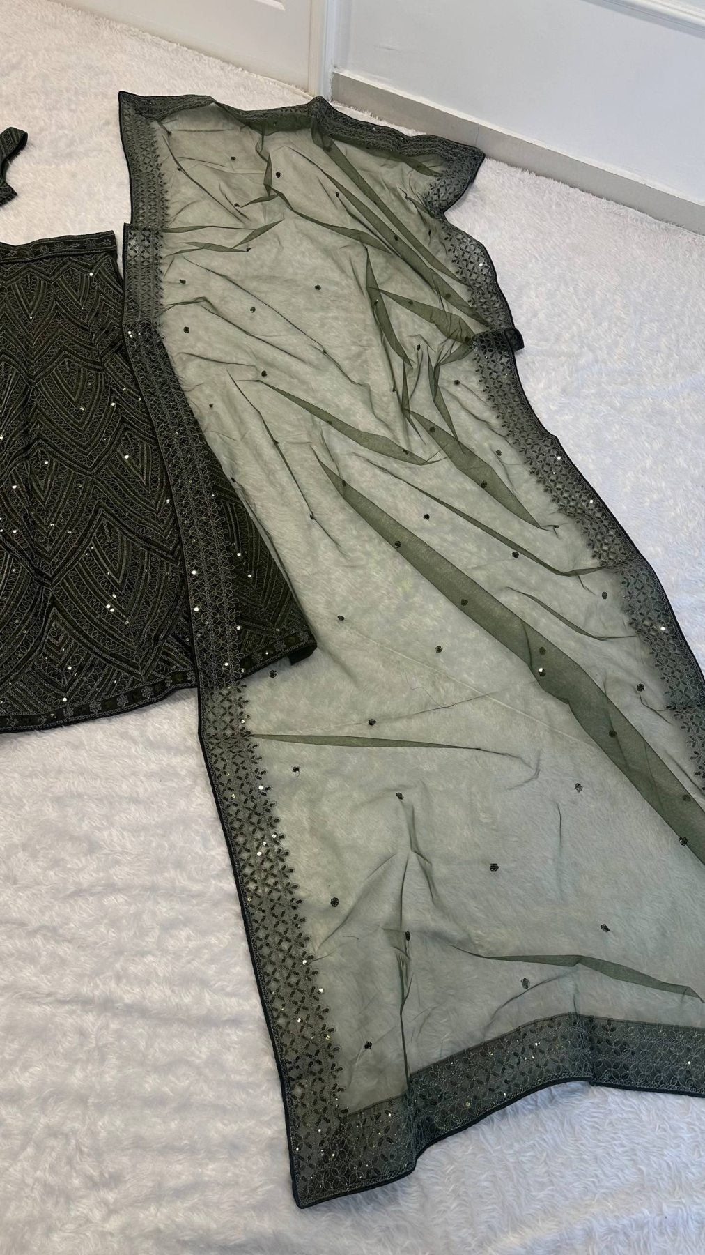 Olive Chinon Silk Lehenga with Sequins Work for Wedding Wear styling view