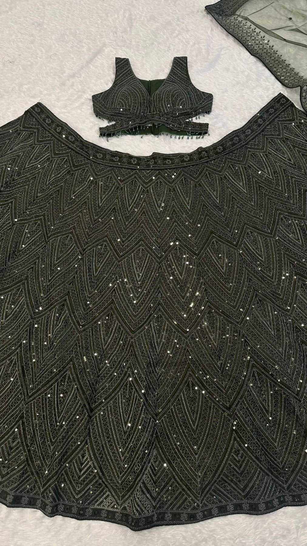 Olive Chinon Silk Lehenga with Sequins Work for Wedding Wear front view