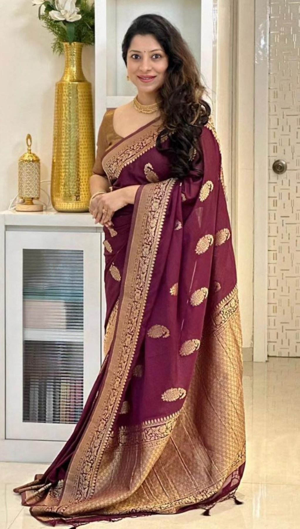 Maroon Banarasi Saree - side drape view