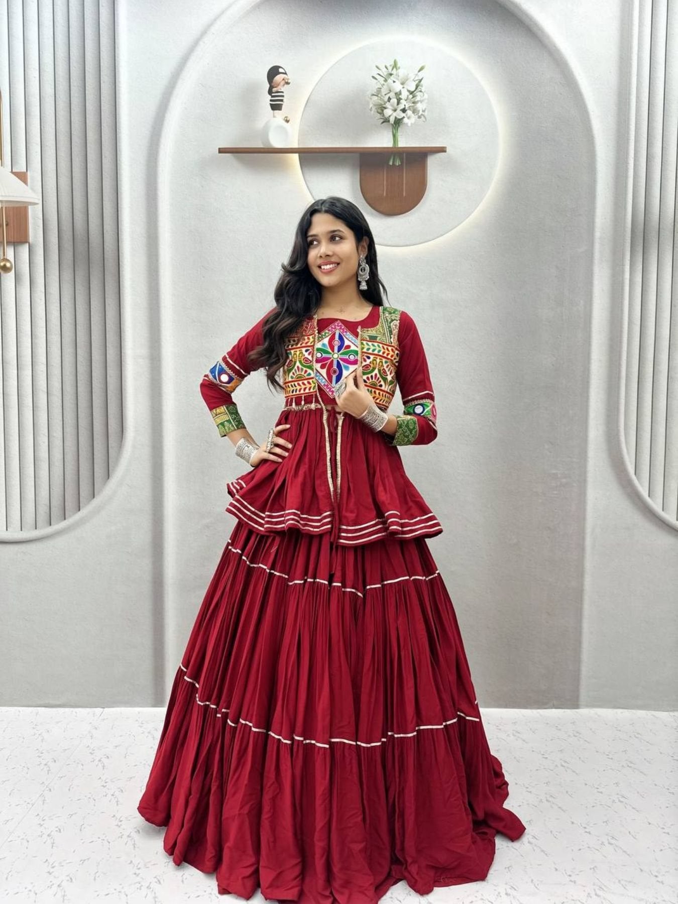 Navratri Gamthi Work Cotton Lehenga Choli with Koti and 9 Meter Flair full drape view