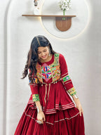 Navratri Gamthi Work Cotton Lehenga Choli with Koti and 9 Meter Flair blouse and dupatta detail