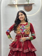 Navratri Gamthi Work Cotton Lehenga Choli with Koti and 9 Meter Flair embroidery close-up