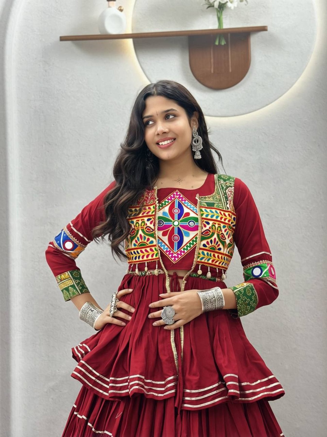 Navratri Gamthi Work Cotton Lehenga Choli with Koti and 9 Meter Flair embroidery close-up