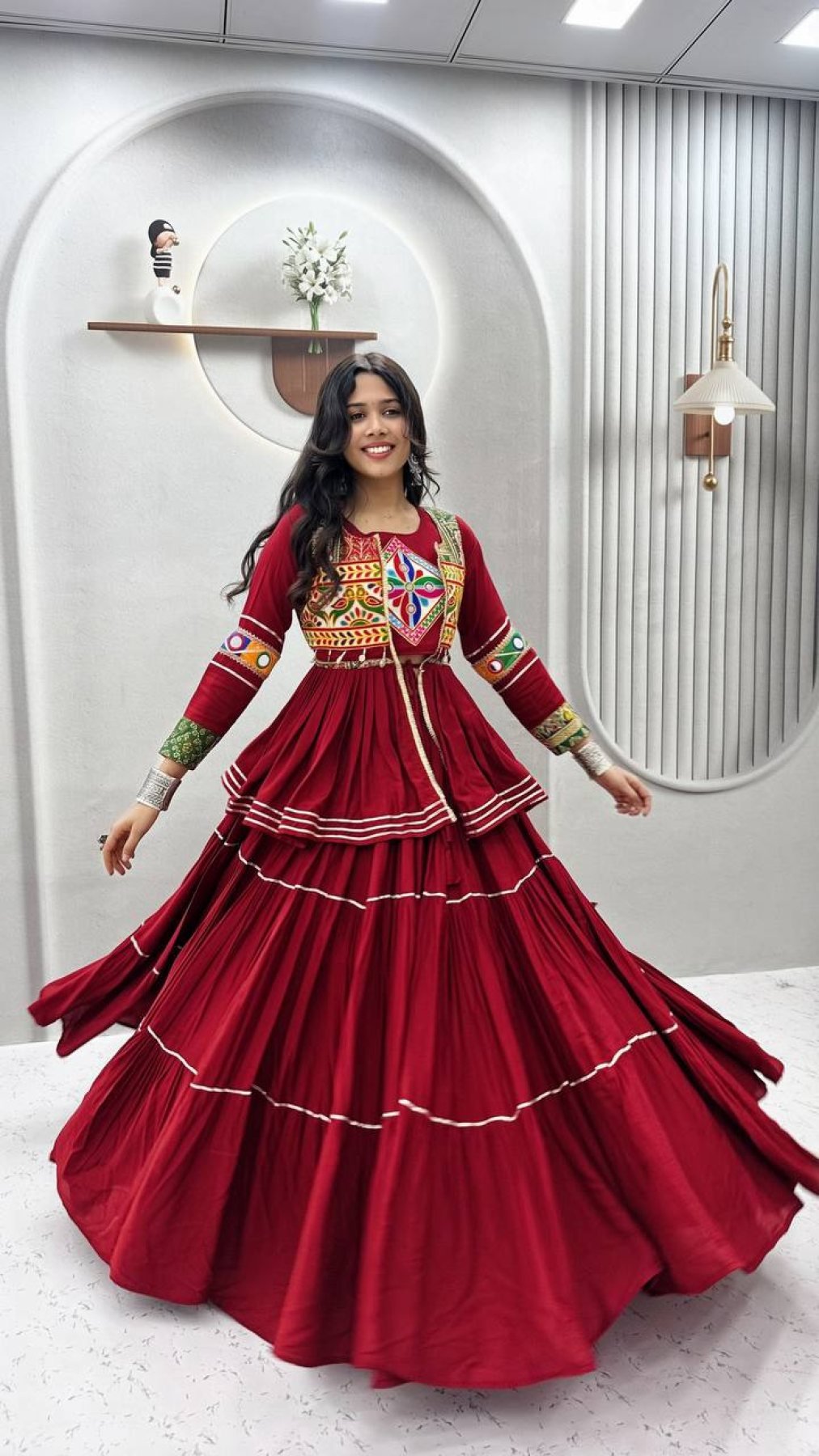 Navratri Gamthi Work Cotton Lehenga Choli with Koti and 9 Meter Flair fabric texture detail