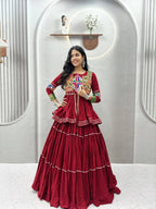 Navratri Gamthi Work Cotton Lehenga Choli with Koti and 9 Meter Flair styling view