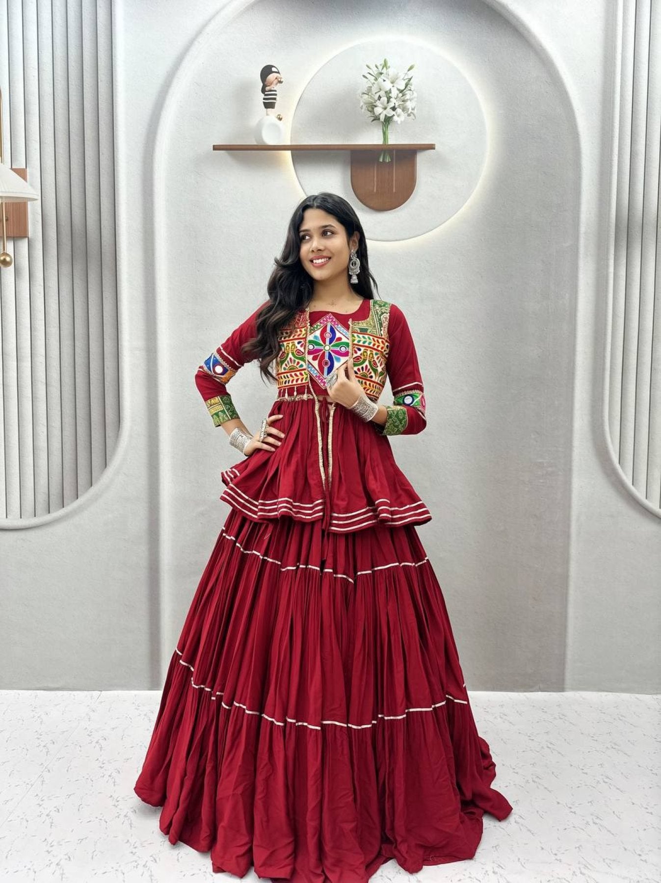Navratri Gamthi Work Cotton Lehenga Choli with Koti and 9 Meter Flair styling view