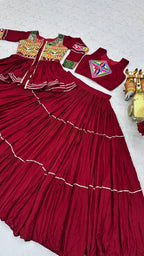 Navratri Gamthi Work Cotton Lehenga Choli with Koti and 9 Meter Flair front view
