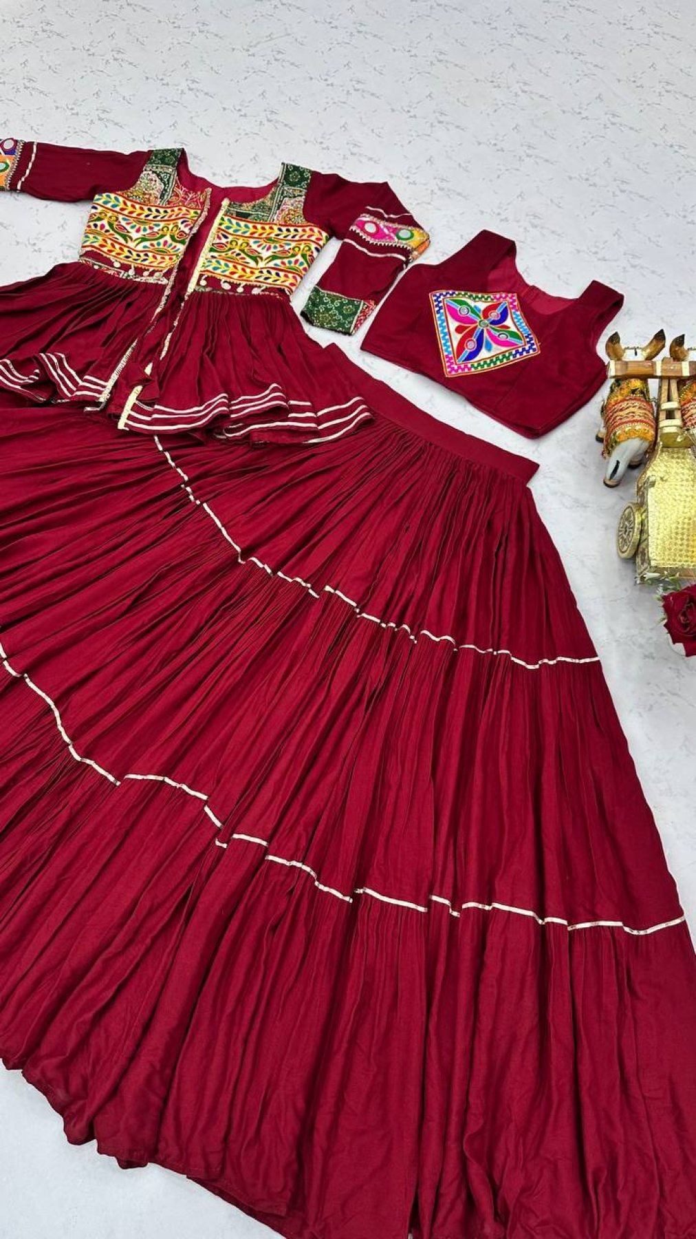 Navratri Gamthi Work Cotton Lehenga Choli with Koti and 9 Meter Flair front view