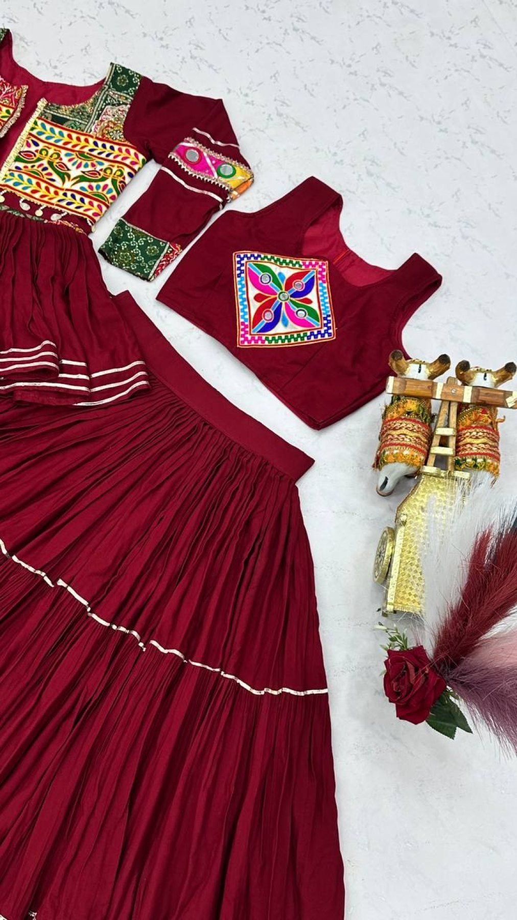 Navratri Gamthi Work Cotton Lehenga Choli with Koti and 9 Meter Flair full drape view