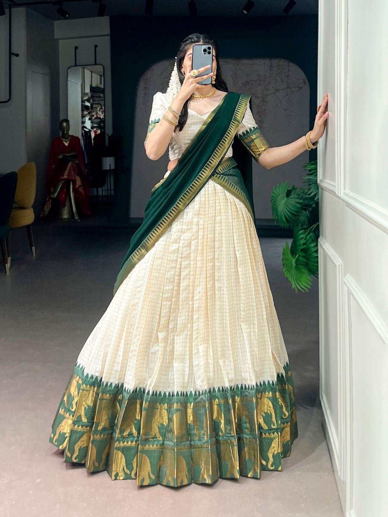 Green Poly Cotton Lehenga Choli with Traditional Zari Weaving for Festive Wear for women | Snyvia