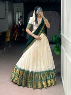 Brown Poly Cotton Lehenga Choli with Traditional Zari Weaving for Festive Wear blouse and dupatta detail