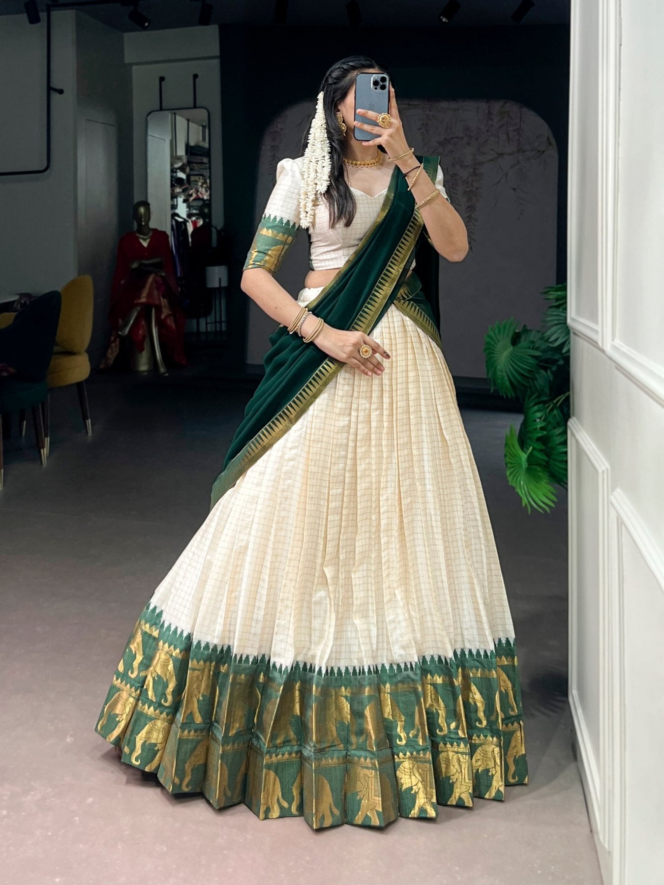 Brown Poly Cotton Lehenga Choli with Traditional Zari Weaving for Festive Wear blouse and dupatta detail