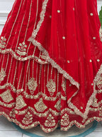 Red Bridal Faux Georgette Lehenga with Sequins Zari Work For Wedding Wear blouse and dupatta detail