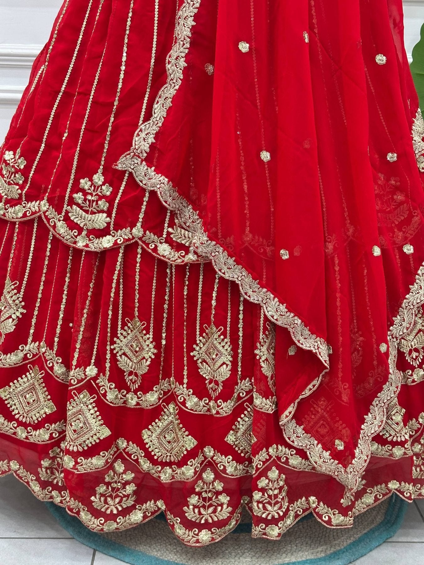 Red Bridal Faux Georgette Lehenga with Sequins Zari Work For Wedding Wear blouse and dupatta detail