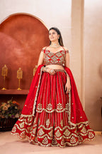Red Bridal Faux Georgette Lehenga with Sequins Zari Work For Wedding Wear full drape view