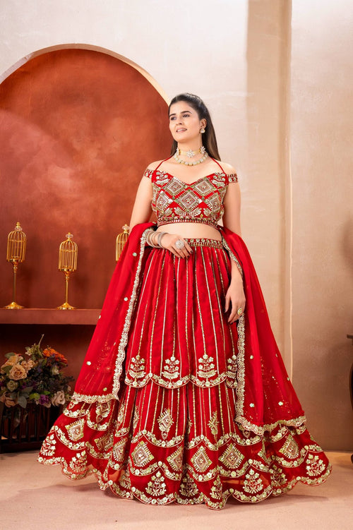 Red Bridal Faux Georgette Lehenga with Sequins Zari Work For Wedding Wear full drape view