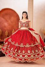 Red Bridal Faux Georgette Lehenga with Sequins Zari Work For Wedding Wear blouse and dupatta detail