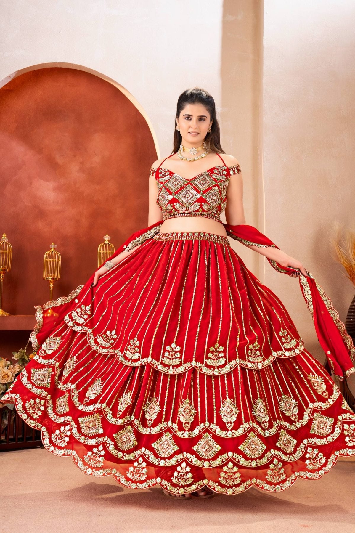 Red Bridal Faux Georgette Lehenga with Sequins Zari Work For Wedding Wear blouse and dupatta detail