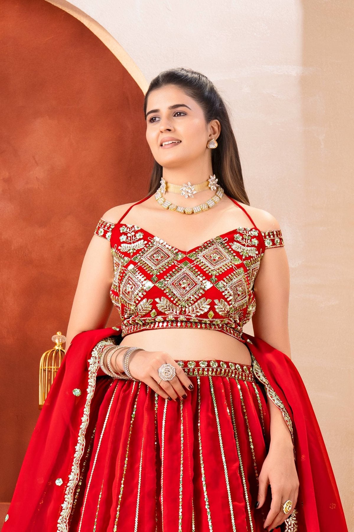 Red Bridal Faux Georgette Lehenga with Sequins Zari Work For Wedding Wear embroidery close-up