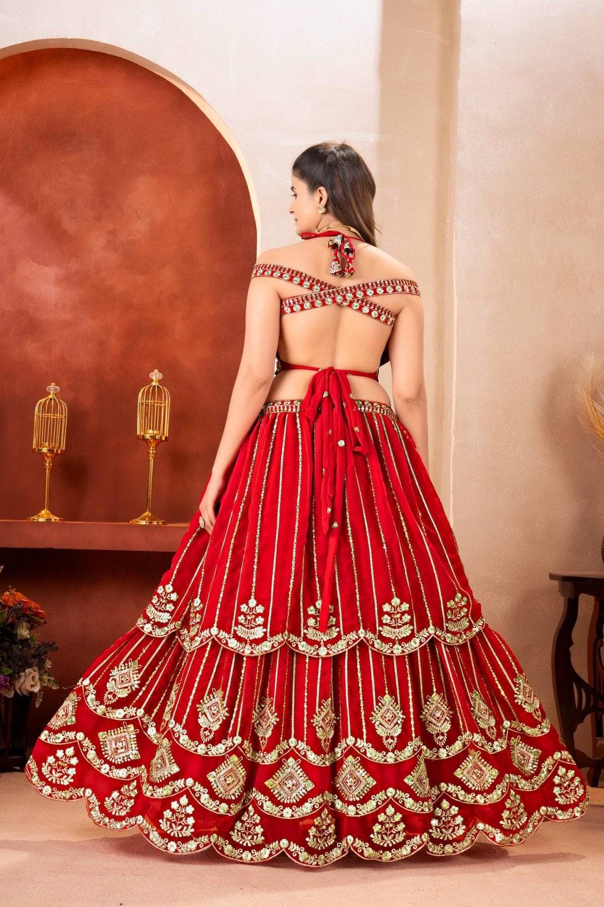 Red Bridal Faux Georgette Lehenga with Sequins Zari Work For Wedding Wear fabric texture detail