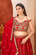 Red Bridal Faux Georgette Lehenga with Sequins Zari Work For Wedding Wear back view