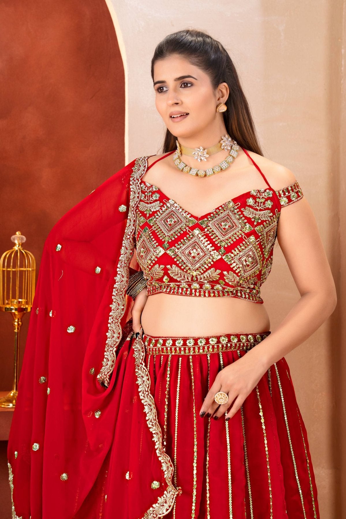 Red Bridal Faux Georgette Lehenga with Sequins Zari Work For Wedding Wear back view