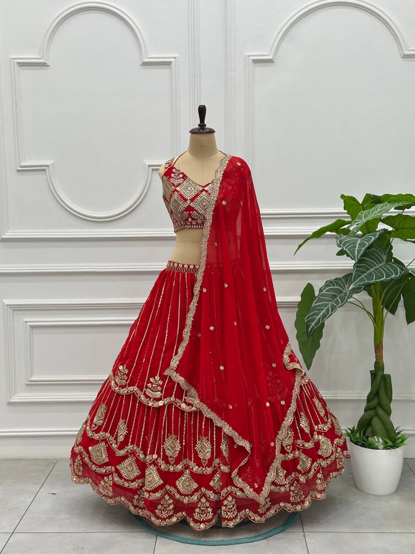 Red Bridal Faux Georgette Lehenga with Sequins Zari Work For Wedding Wear styling view