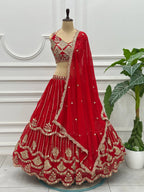 Red Bridal Faux Georgette Lehenga with Sequins Zari Work For Wedding Wear front view