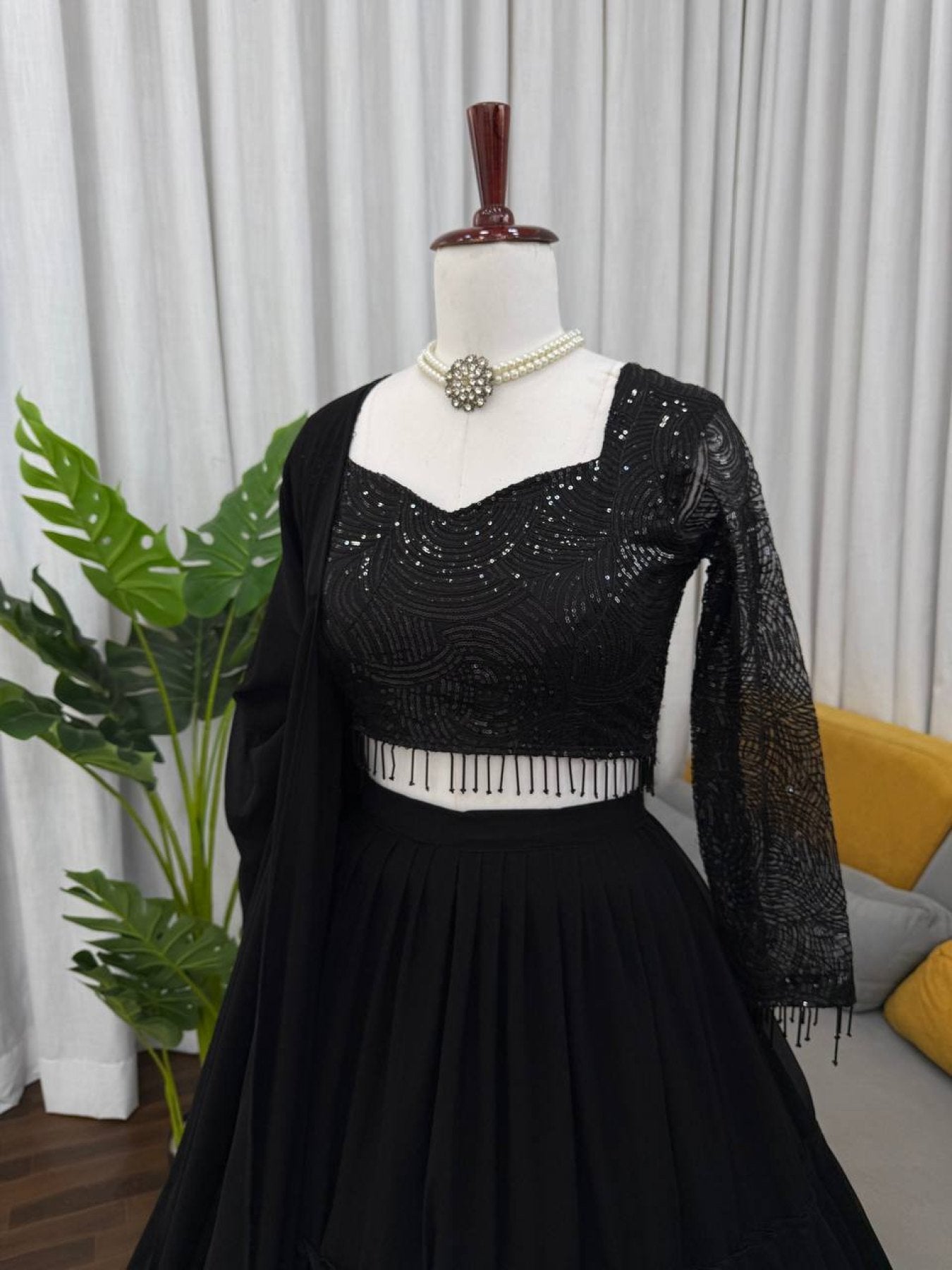 Black Georgette Lehenga Choli full drape view