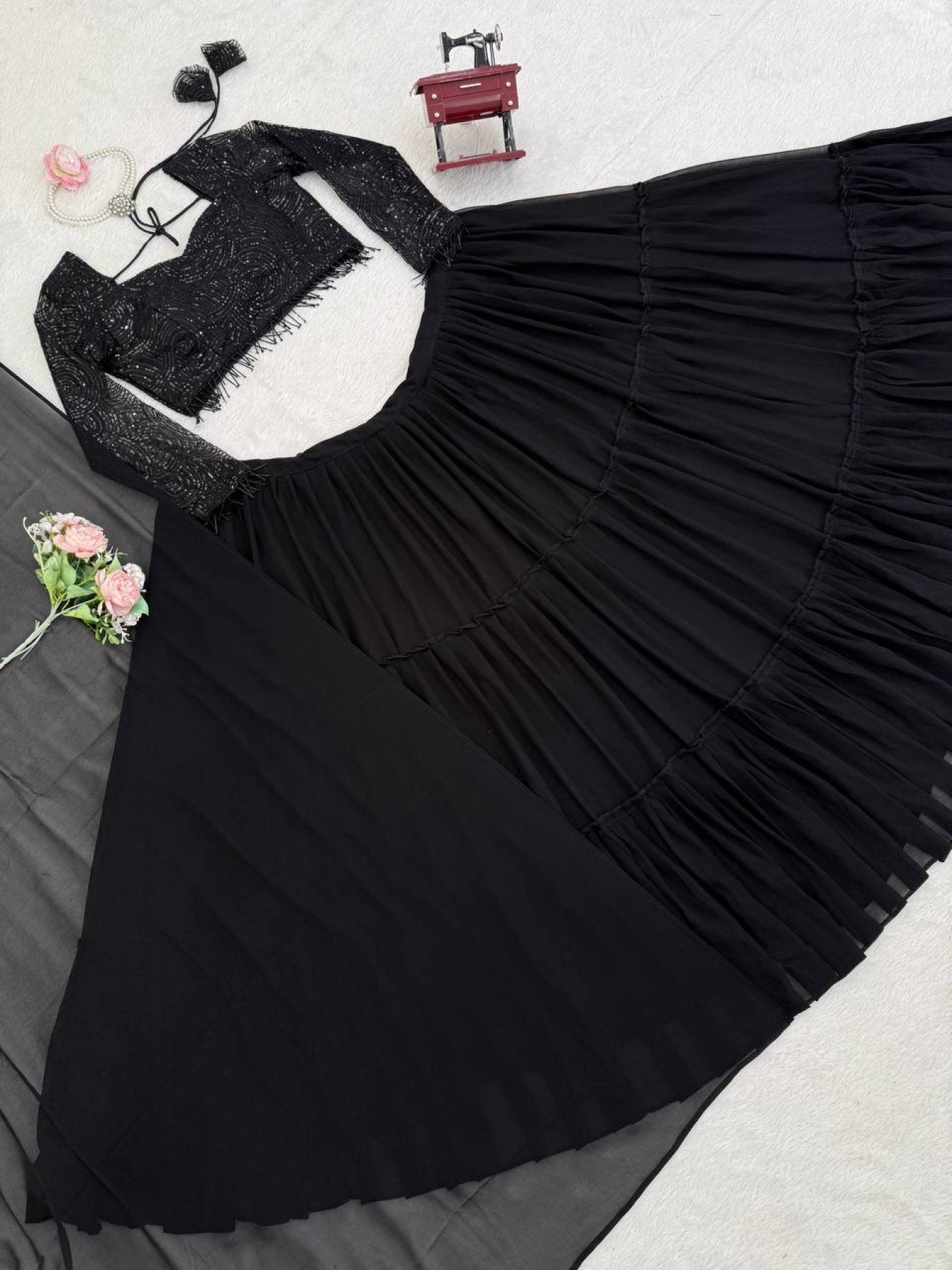 Black Georgette Lehenga Choli embroidery close-up