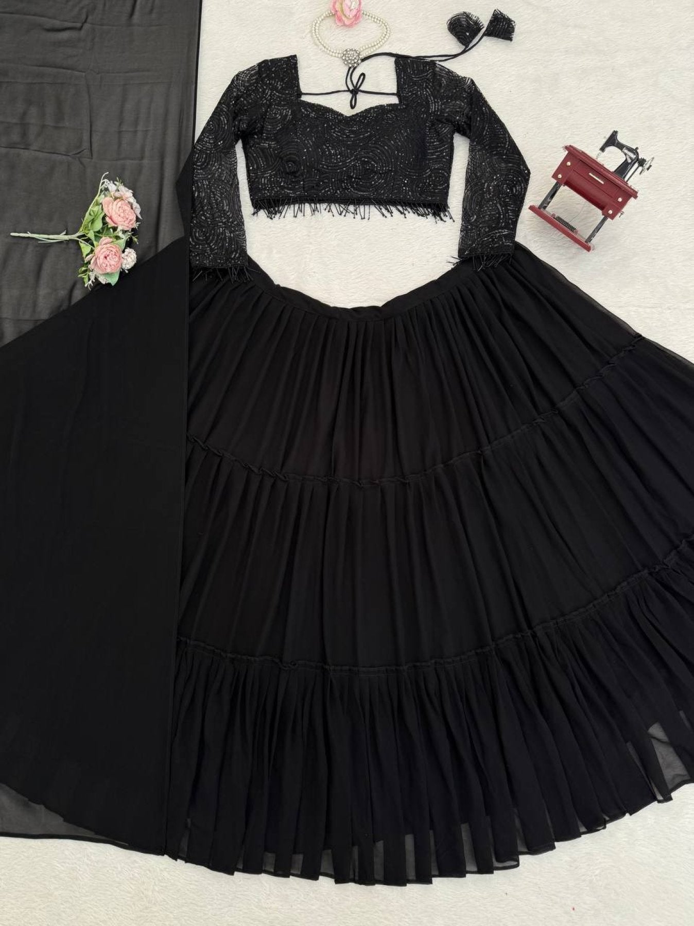 Black Georgette Lehenga Choli back view