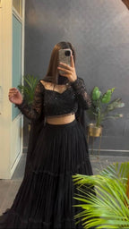 Black Georgette Lehenga Choli blouse and dupatta detail
