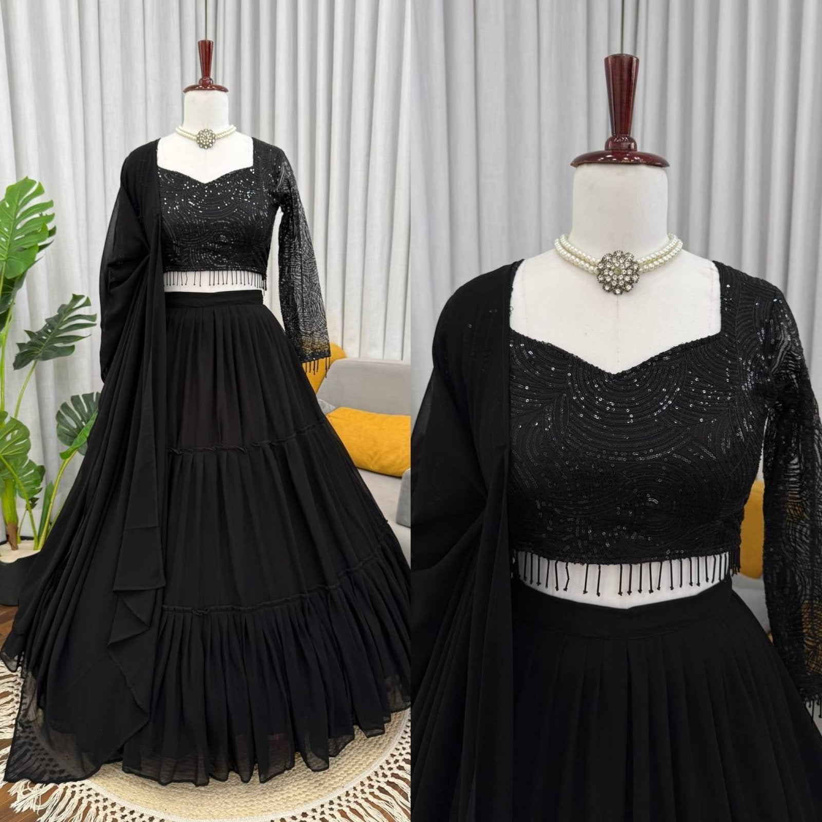 Black Georgette Lehenga Choli fabric texture detail