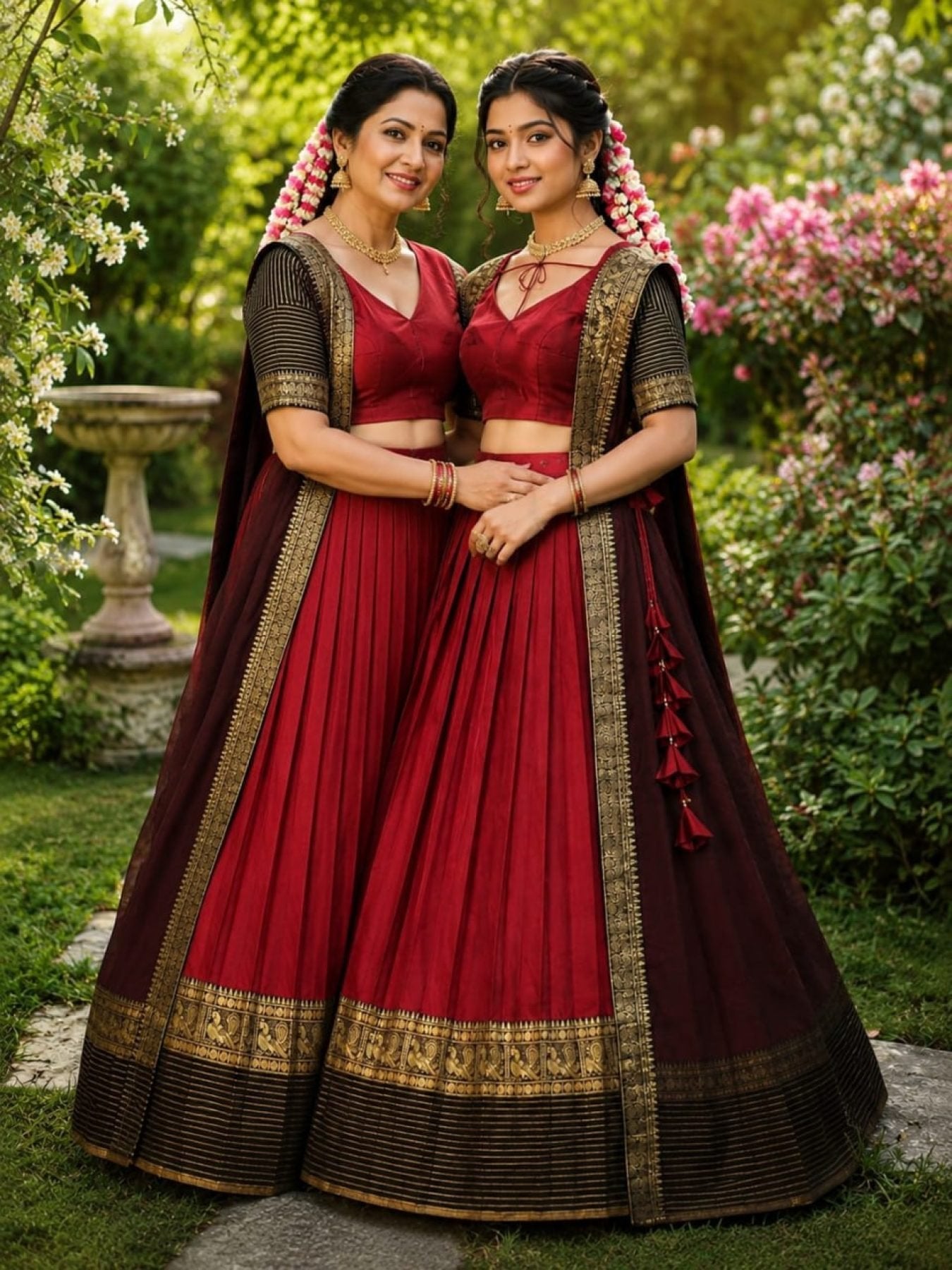 Maroon Silk Lehenga Choli Combo Set for Mother and Daughter Festive Wear full drape view