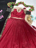 Maroon Silk Lehenga Choli Combo Set for Mother and Daughter Festive Wear blouse and dupatta detail