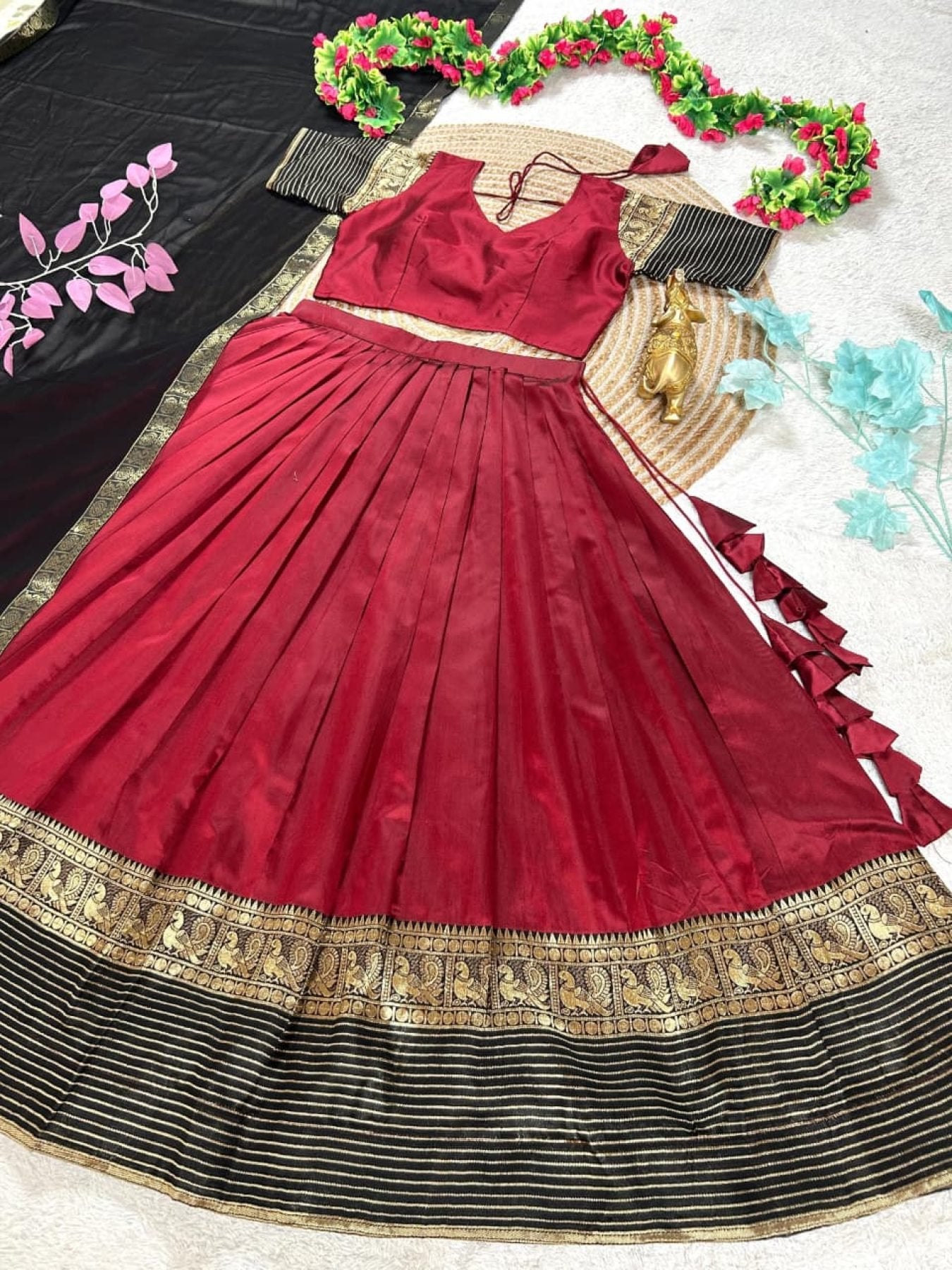 Maroon Silk Lehenga Choli Combo Set for Mother and Daughter Festive Wear full drape view