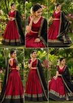 Maroon Silk Lehenga Choli Combo Set for Mother and Daughter Festive Wear blouse and dupatta detail