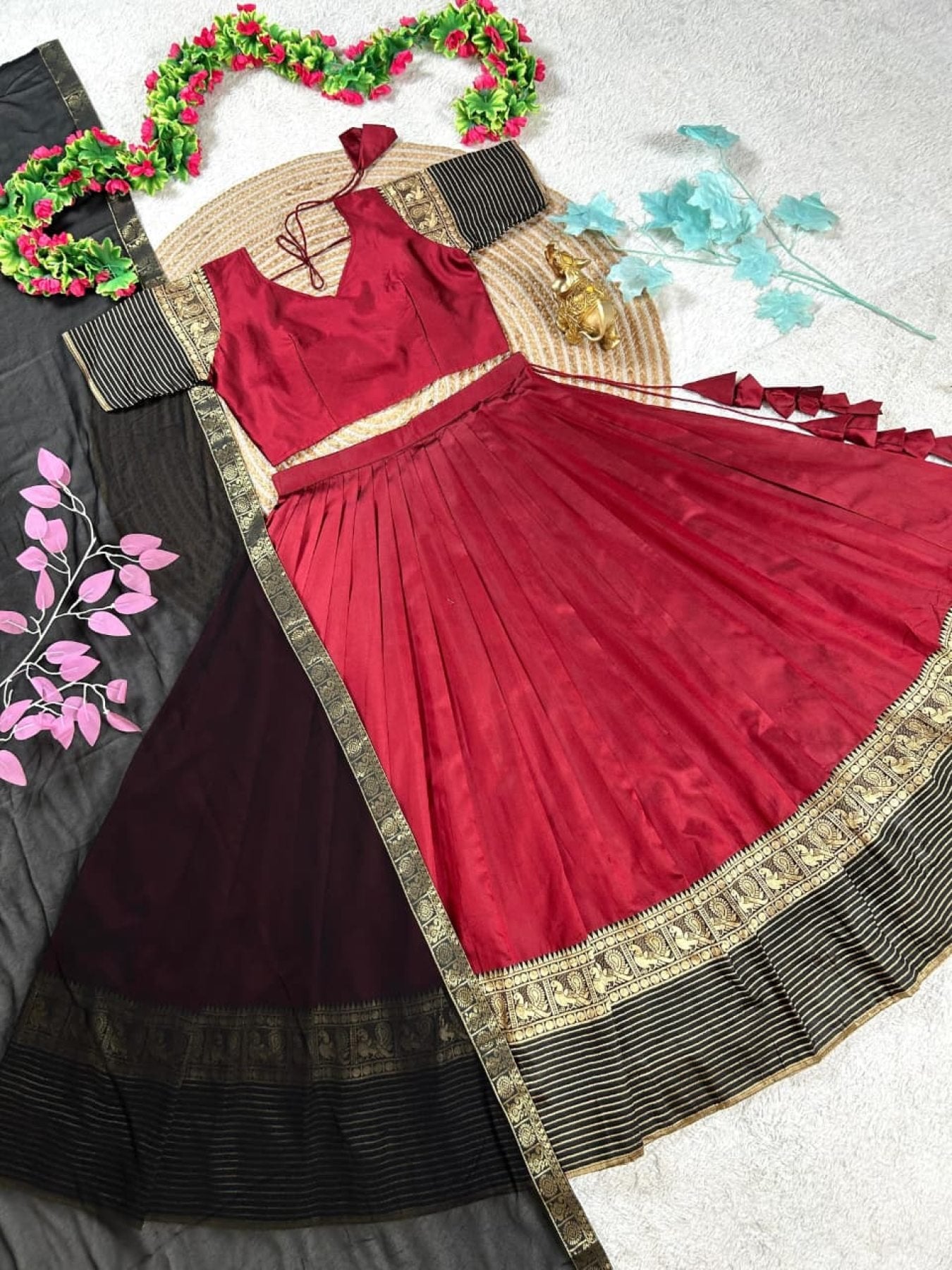 Maroon Silk Lehenga Choli Combo Set for Mother and Daughter Festive Wear embroidery close-up