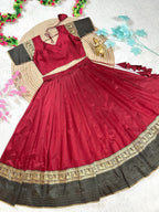 Maroon Silk Lehenga Choli Combo Set for Mother and Daughter Festive Wear fabric texture detail
