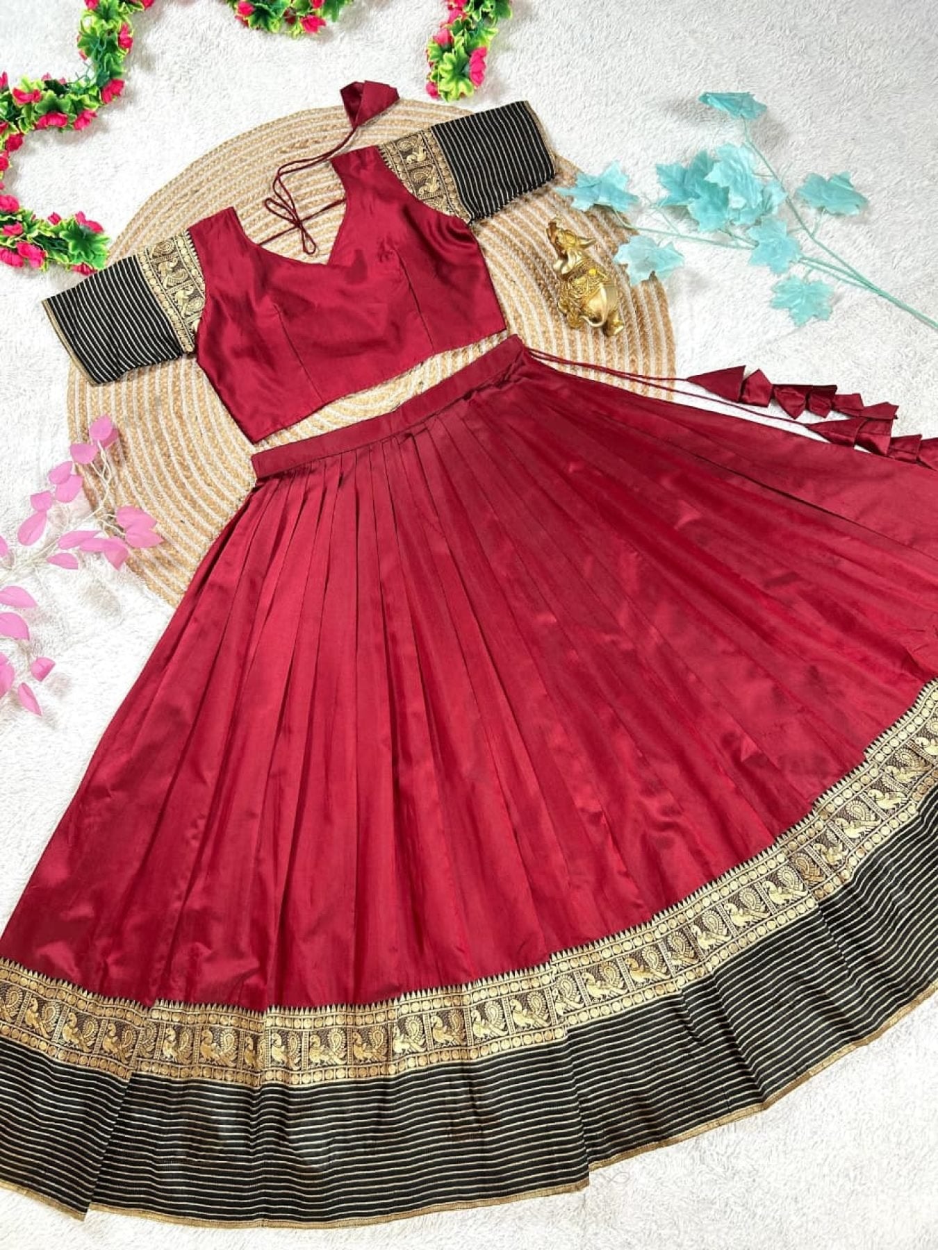 Maroon Silk Lehenga Choli Combo Set for Mother and Daughter Festive Wear fabric texture detail