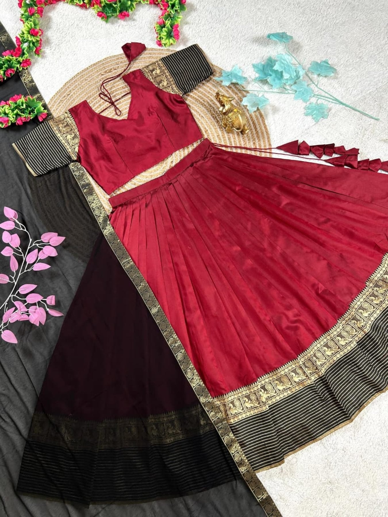 Maroon Silk Lehenga Choli Combo Set for Mother and Daughter Festive Wear back view