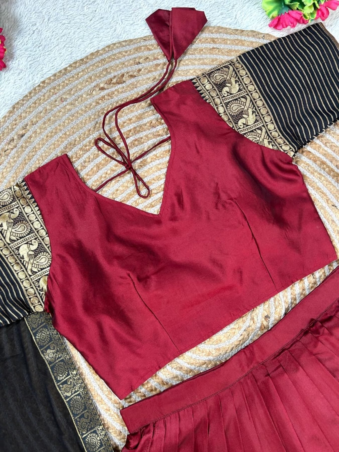 Maroon Silk Lehenga Choli Combo Set for Mother and Daughter Festive Wear styling view