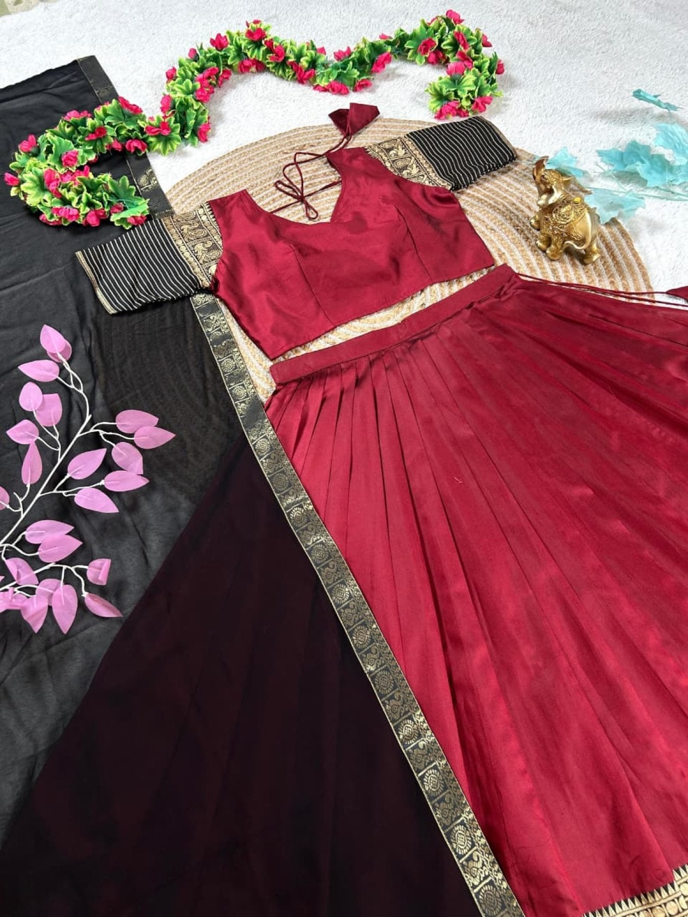 Maroon Silk Lehenga Choli Combo Set for Mother and Daughter Festive Wear colour variant view
