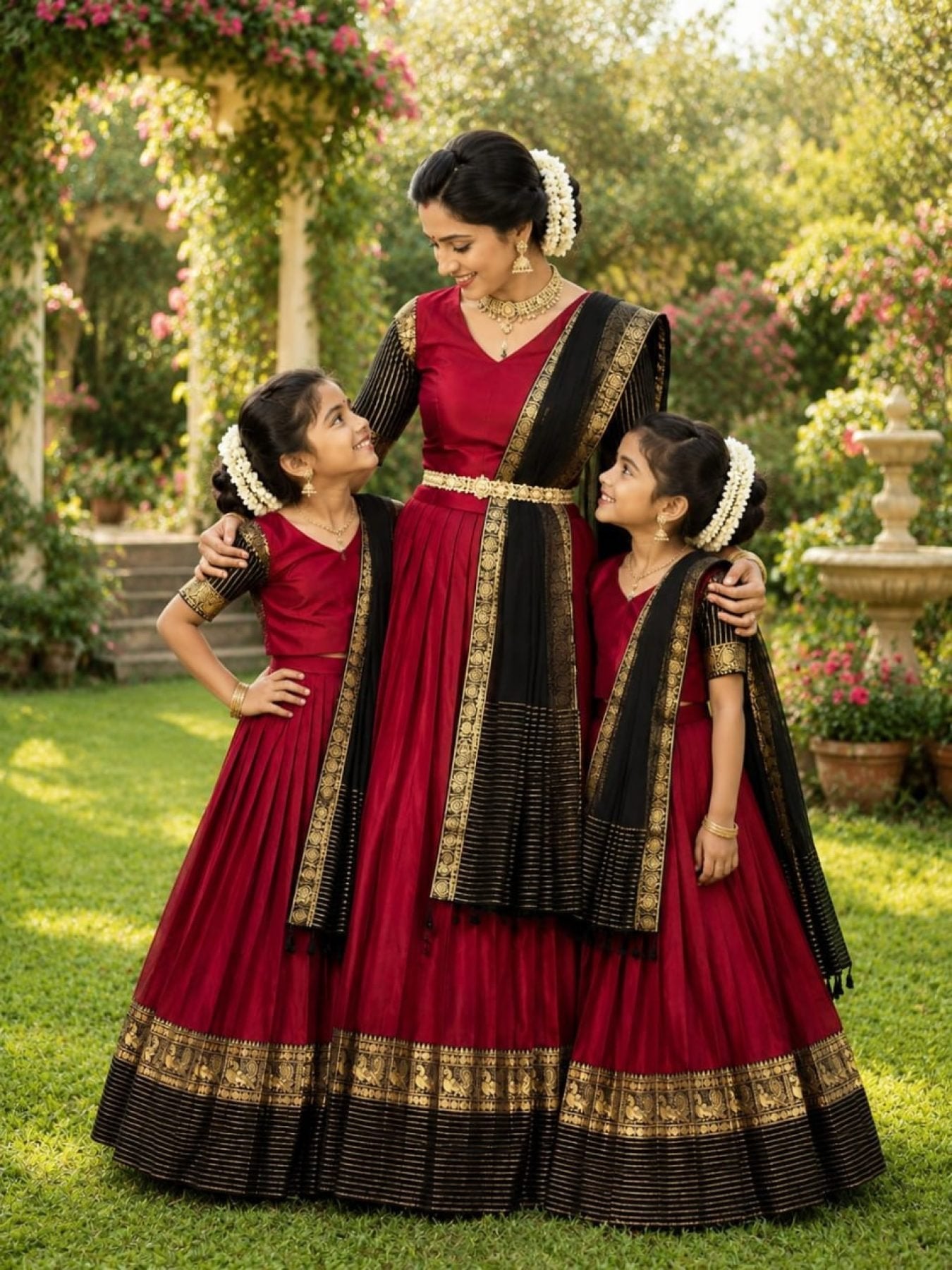 Maroon Silk Lehenga Choli Combo Set for Mother and Daughter Festive Wear front view