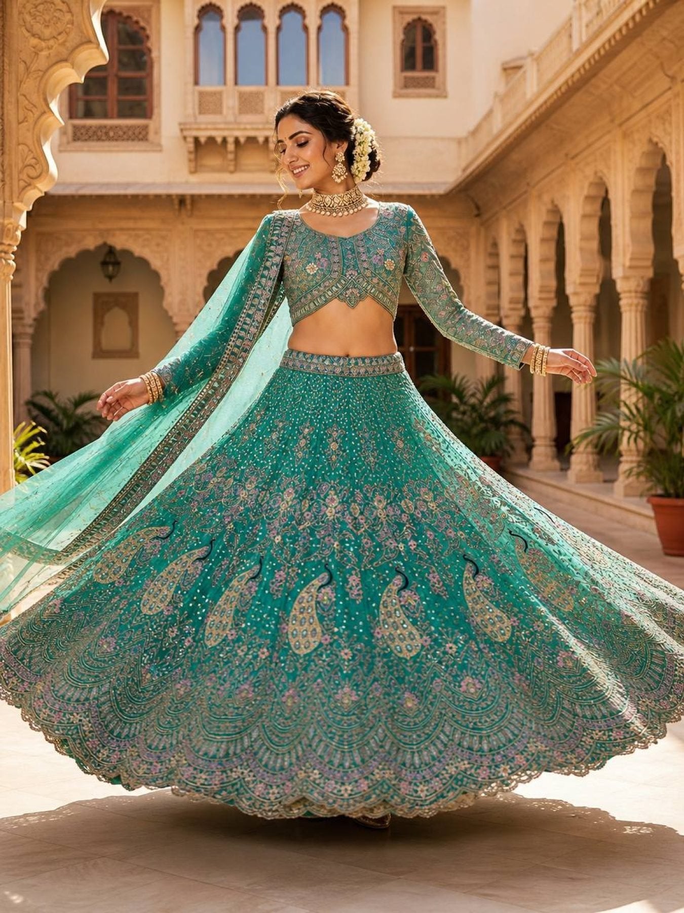 Blue Butterfly Net Coding Sequins Lehenga embroidery close-up