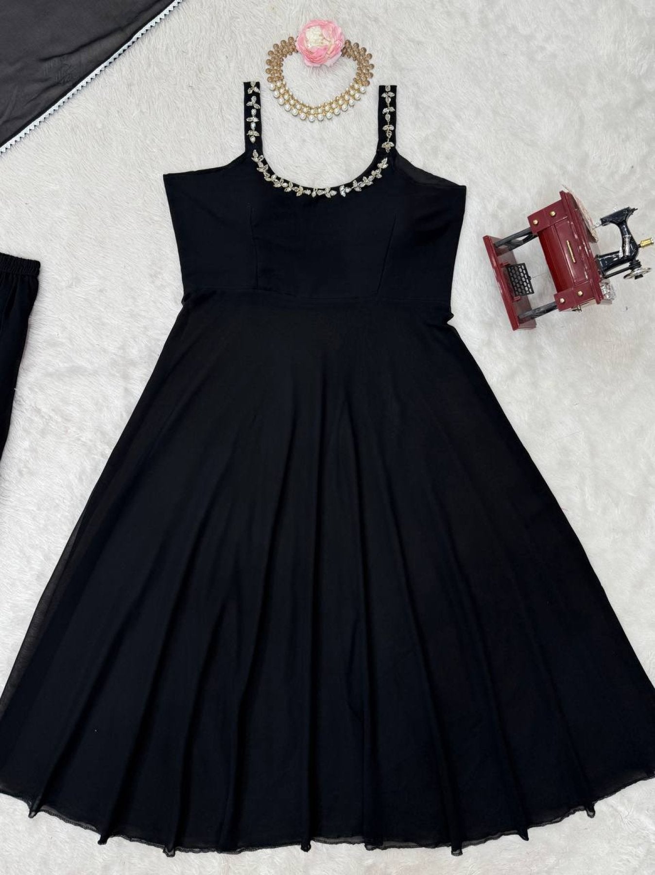 Midnight Mirror Georgette Anarkali Set with Palazzo Dupatta Ready detailed view
