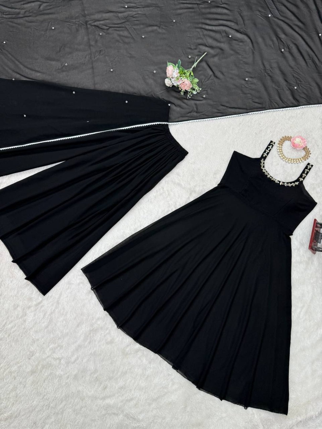 Midnight Mirror Georgette Anarkali Set with Palazzo Dupatta Ready embroidery close-up